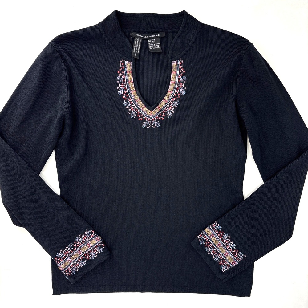 Vintage 90s y2k Black Knit Beaded Fairy Boho Artsy Long Sleeve Top Size Medium